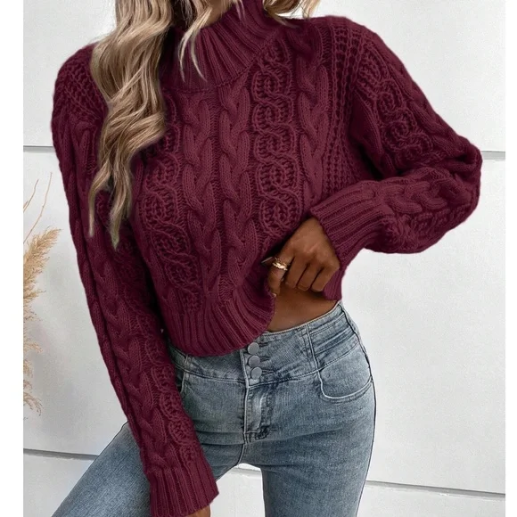 Cozy Mint Mock Neck Chunky Cable Knit Cropped Sweater Top - Picture 2 of 8